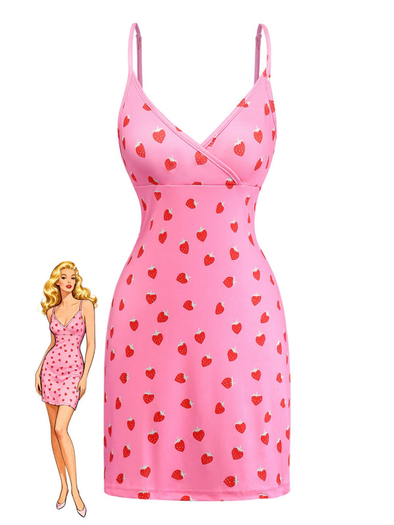 Pink 1960s Strawberry Deep V-Neck Mini Dress - vintage dress, retro fashion