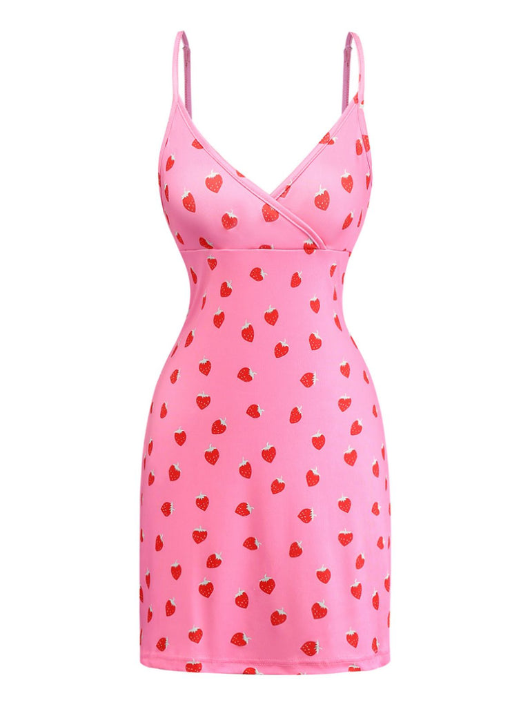 Pink 1960s Strawberry Deep V-Neck Mini Dress - vintage dress, retro fashion