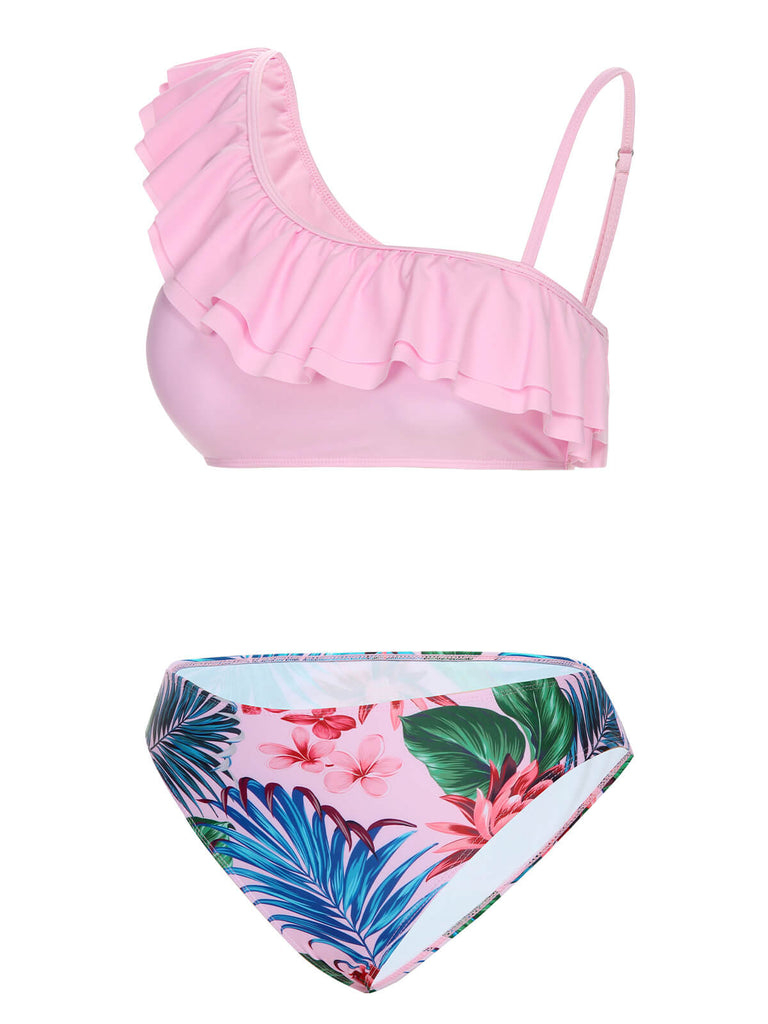 Pink 1960s Tropical Plants Ruffles Swimsuit: 1960s Riviera elegance, reimagined for her