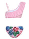 This Pink 1960s Tropical Plants Ruffles Swimsuit carries 1960s vacation dreams in every stitch