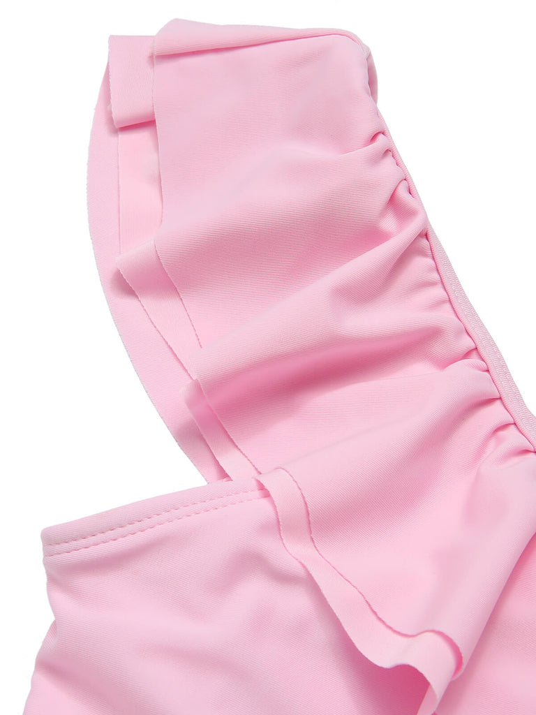 Pink 1960s Tropical Plants Ruffles Swimsuit — because 1960s glamour never goes out of style