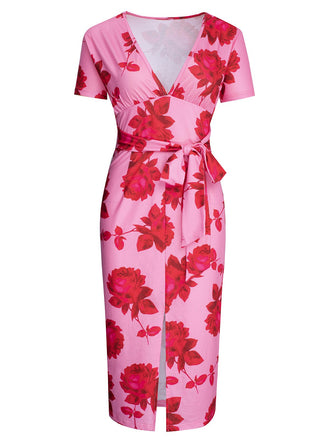 She slips into this Pink 1960s V-Neck Floral Tie Split Dress and suddenly it's a 1960s daydream