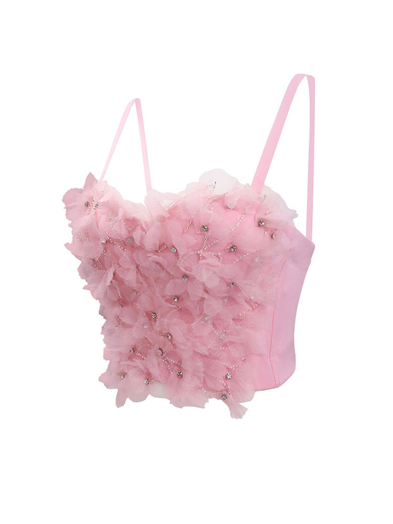 Pink 1970s 3D Floral Rhinestone Crop Top - vintage fashion, retro style
