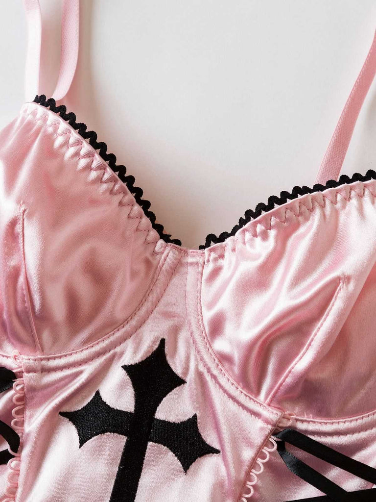 Pink 1970s Cross Gothic Satin Lace-Up Camisole - vintage fashion, retro style
