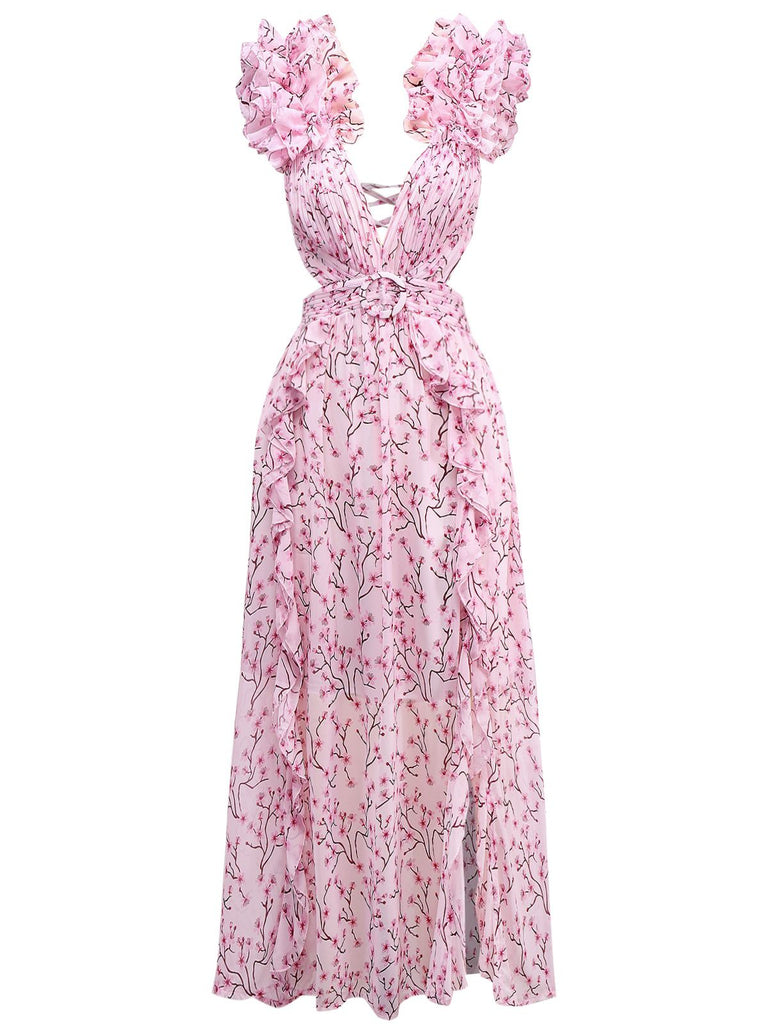 Pink 1970s Deep V-Neck Ruffle Floral Backless Dress - vintage dress, retro fashion