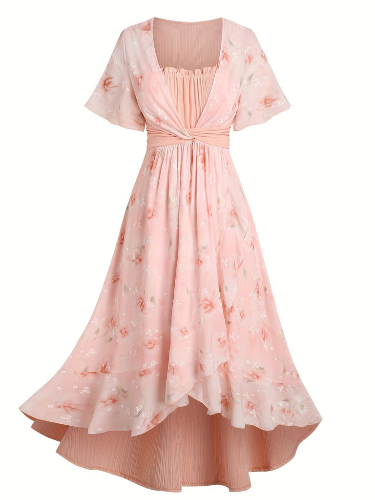 Pink 1970s Floral Ruffled Irregular Hem Dress - vintage dress, retro fashion
