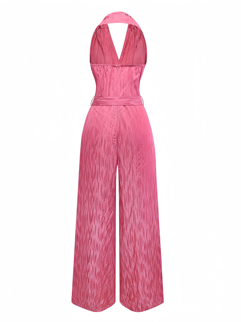Pink 1970s Halter Lapel Satin Jumpsuit - vintage jumpsuit, retro fashion