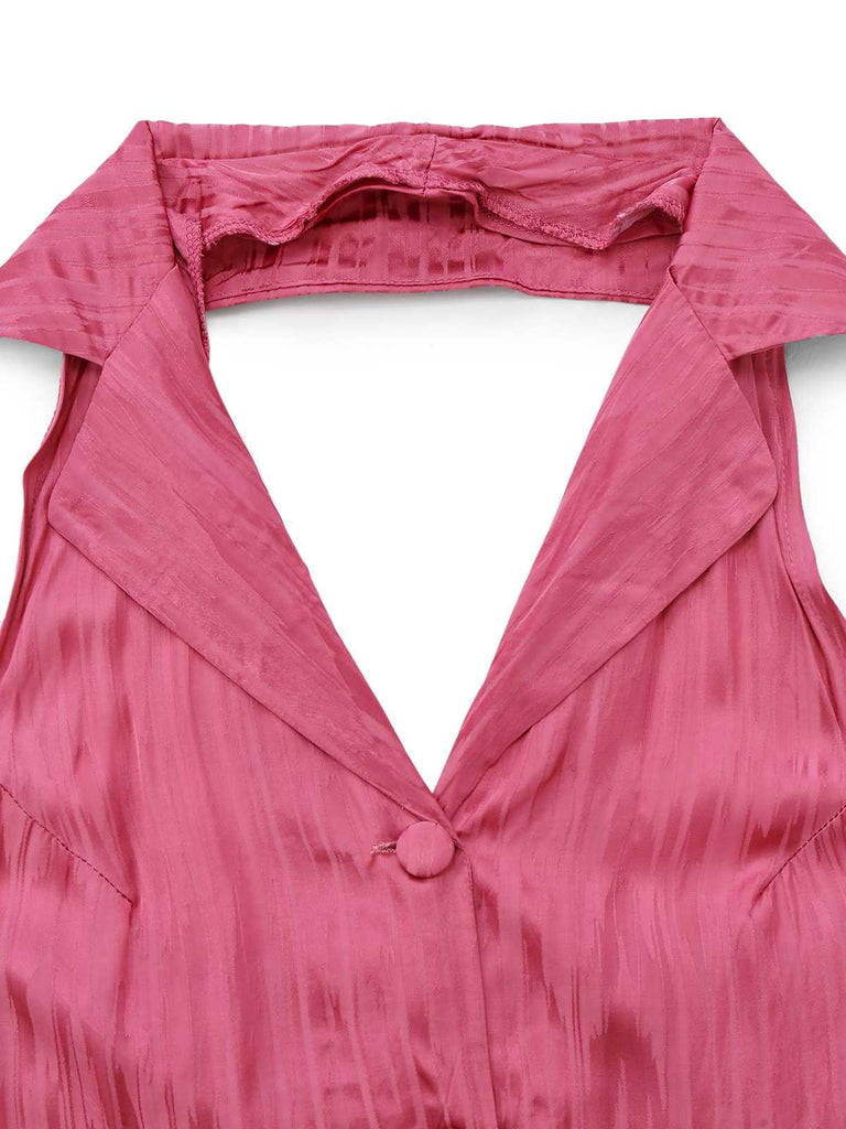 Pink 1970s Halter Lapel Satin Jumpsuit - vintage jumpsuit, retro fashion