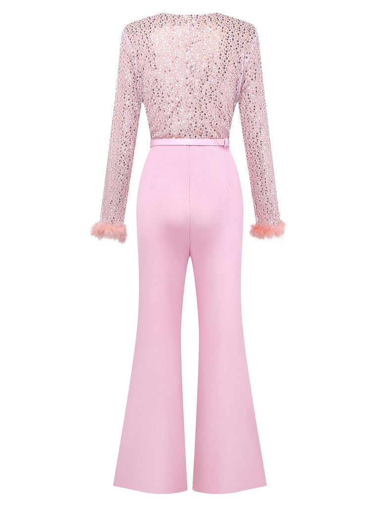 Pink 1970s Sequin Feather -Sleeve Wide-Leg Jumpsuit - vintage jumpsuit, retro fashion