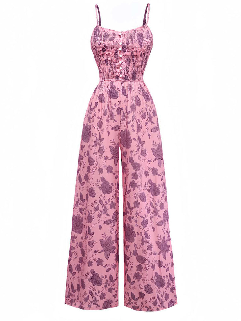 Pink 1970s Spaghetti Strap Floral Smocked Jumpsuit - vintage jumpsuit, retro fashion