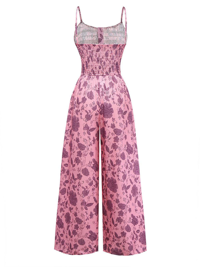 Pink 1970s Spaghetti Strap Floral Smocked Jumpsuit - vintage jumpsuit, retro fashion