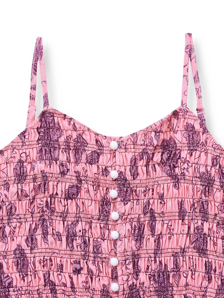 Pink 1970s Spaghetti Strap Floral Smocked Jumpsuit - vintage jumpsuit, retro fashion