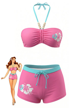 Pink 1980s Floral Print Halter Ruched Front Bikini Set, vintage swimsuit, pin-up swimwear - perfect for women who love vintage and retro fashion