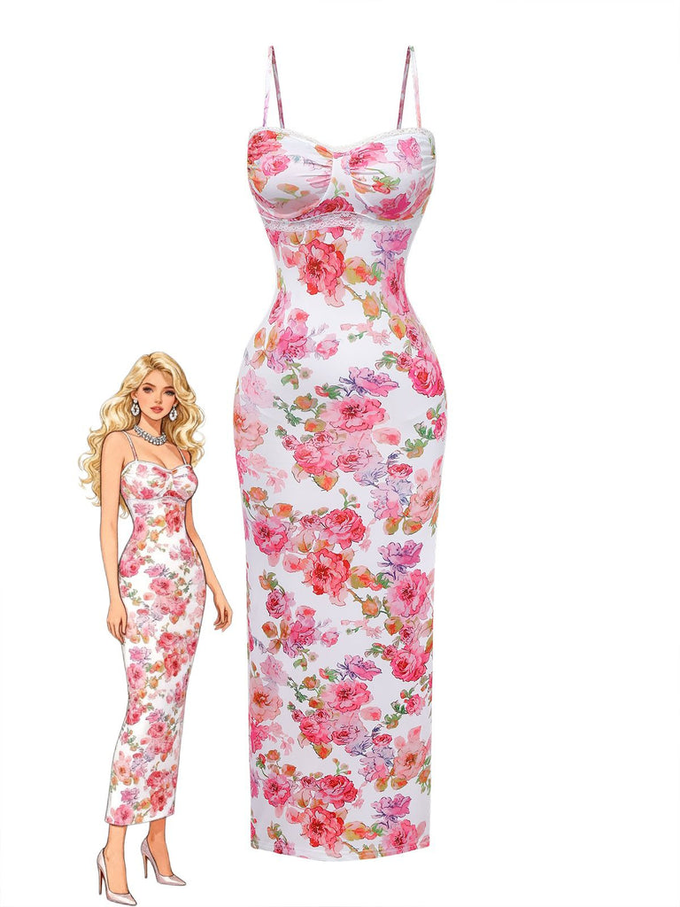 Pink 1980s Floral Print Slip Bodycon Maxi Dress - vintage dress, retro fashion