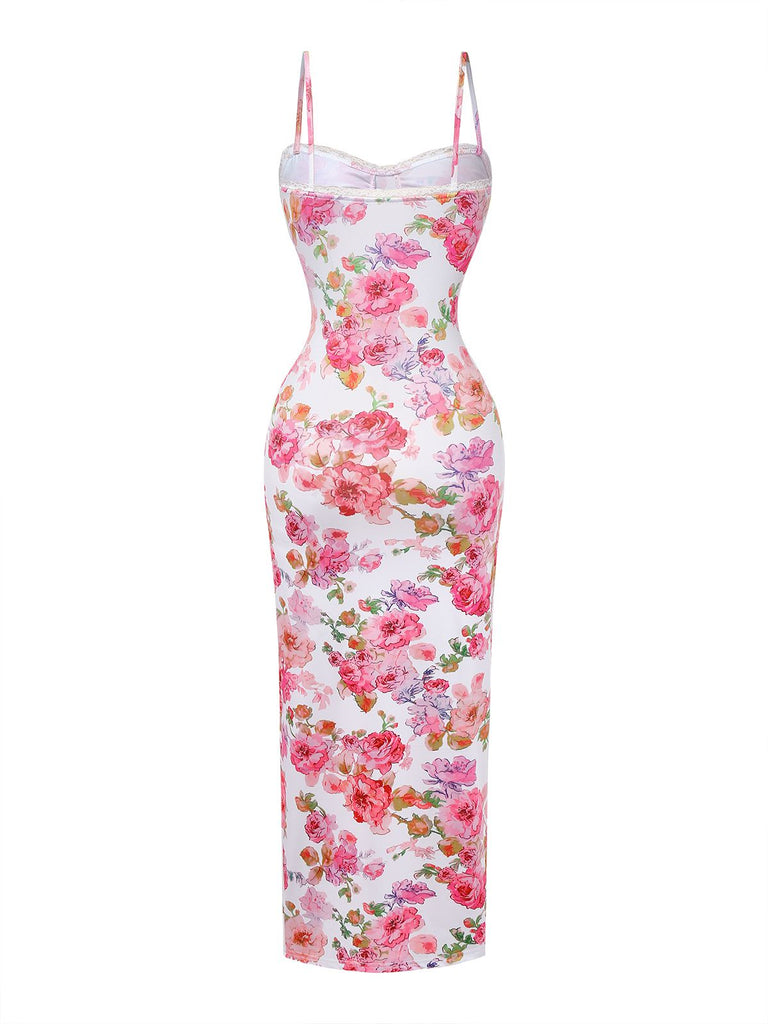 Pink 1980s Floral Print Slip Bodycon Maxi Dress - vintage dress, retro fashion