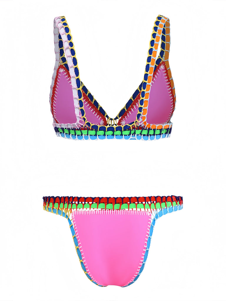 Pink 1980s Knitted Colorful Ribbons Bikini Set | vintage swimwear, retro swimsuit, pin-up style - perfect for retro fashion enthusiasts