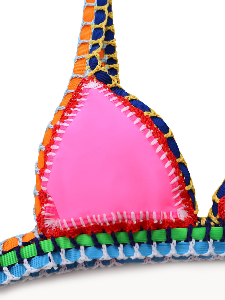 Pink 1980s Knitted Colorful Ribbons Bikini Set: beautiful vintage swimwear, retro swimsuit, pin-up style with timeless appeal