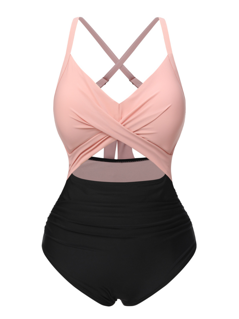 She's wearing Pink & Black 1940s Hollow Waist Patchwork Swimsuit and the whole beach remembers the 1940s