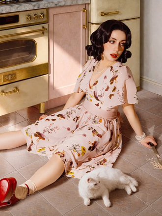 Pink Flowers And Birds Bowknot V-Neck Dress - vintage dress, retro fashion