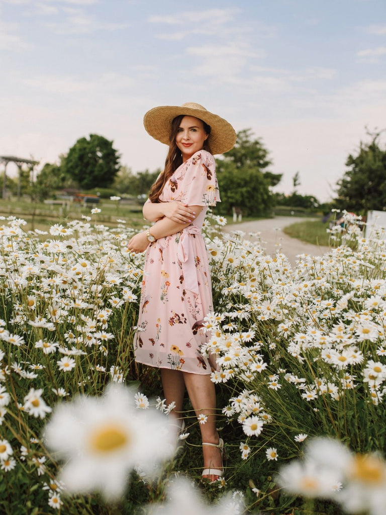Pink Flowers And Birds Bowknot V-Neck Dress — vintage elegance for the modern woman