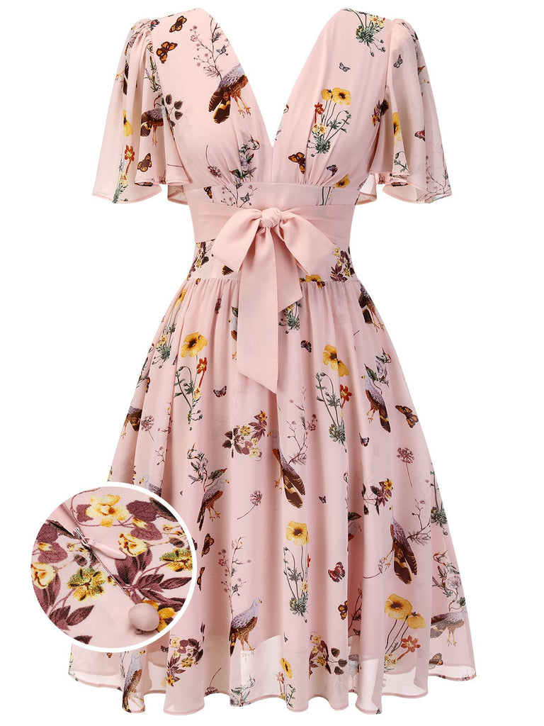 Pink Flowers And Birds Bowknot V-Neck Dress: timeless style reimagined