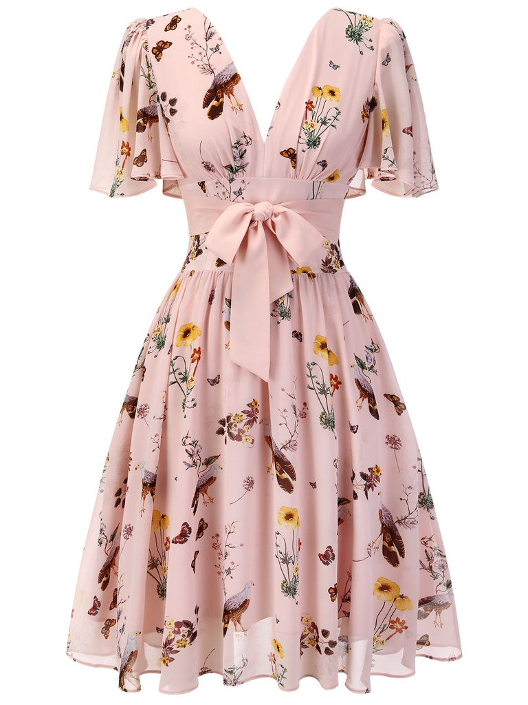 Pink Flowers And Birds Bowknot V-Neck Dress — vintage elegance for the modern woman