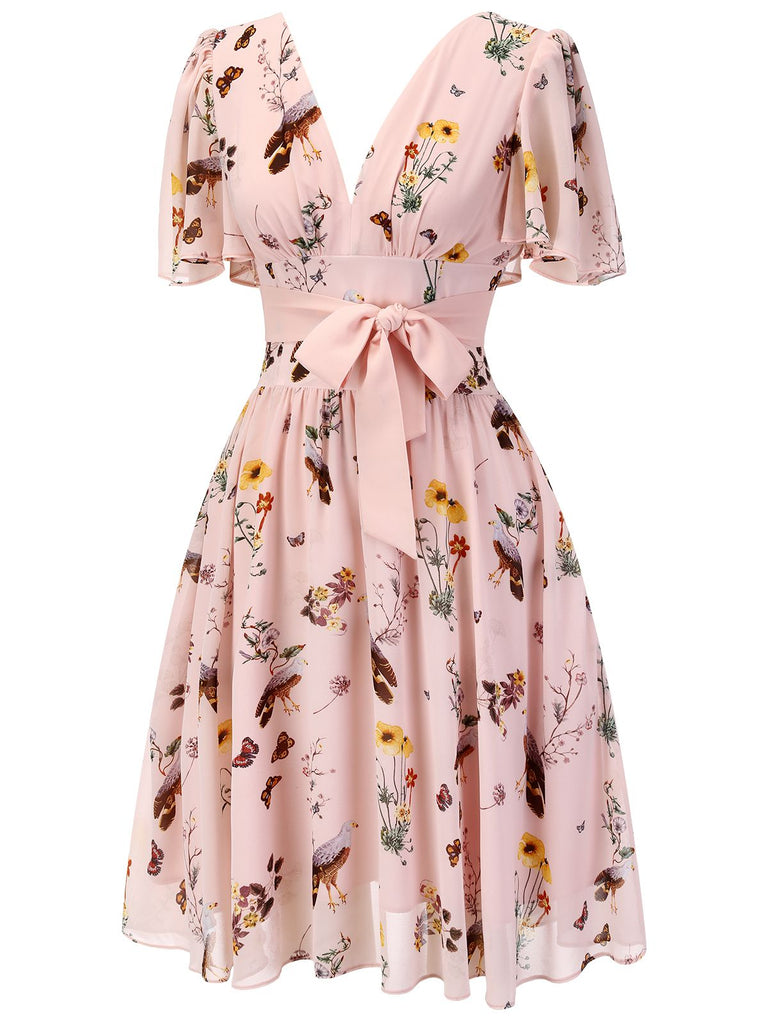 Pink Flowers And Birds Bowknot V-Neck Dress: timeless style reimagined