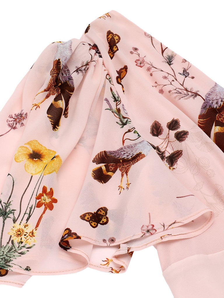 Pink Flowers And Birds Bowknot V-Neck Dress: timeless style reimagined