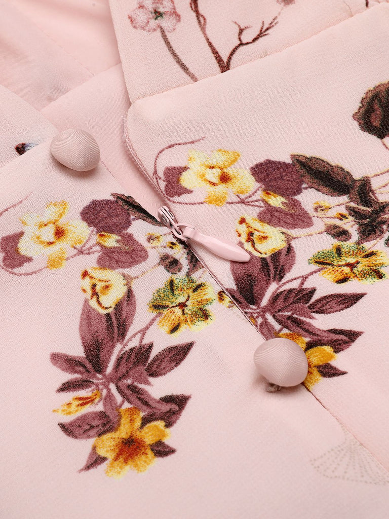 Pink Flowers And Birds Bowknot V-Neck Dress — vintage elegance for the modern woman