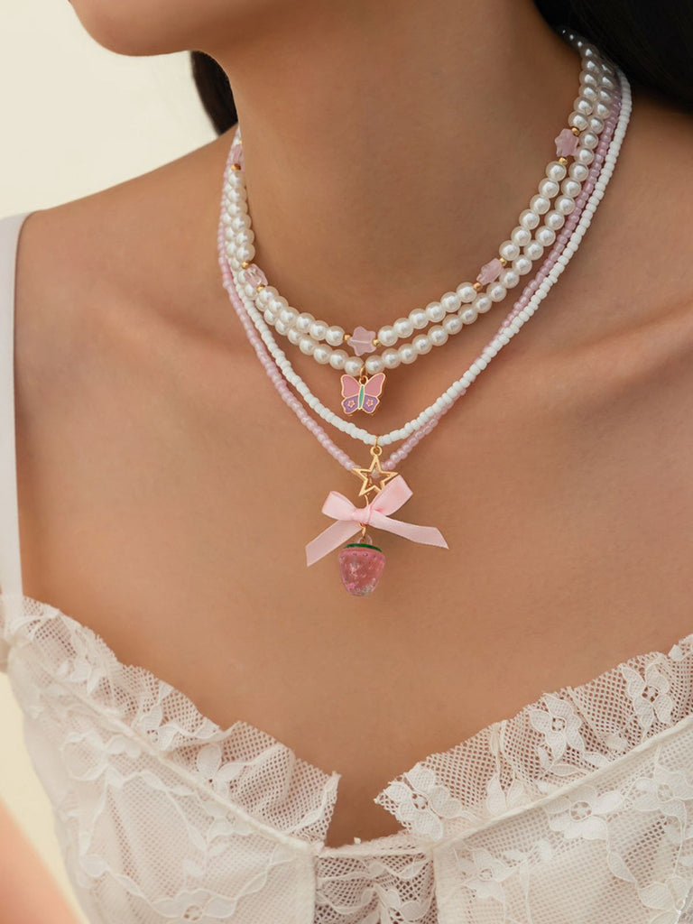 Pink & White Pearl Bow Butterfly Necklace Set - vintage fashion, retro style, pure white