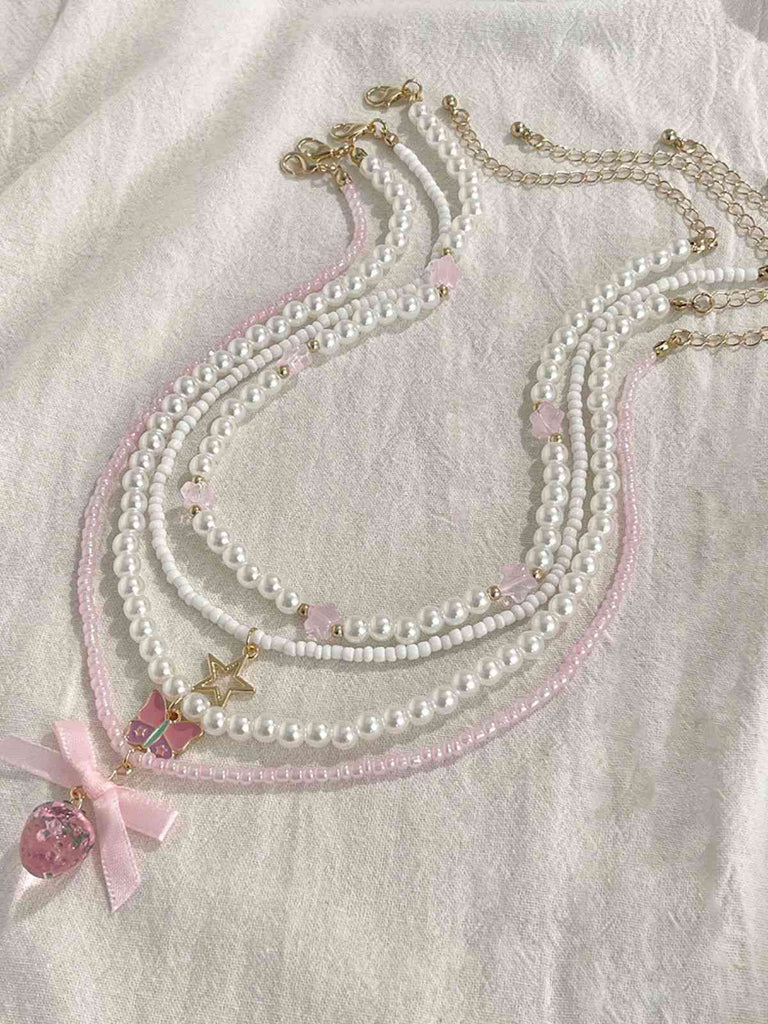 Pink & White Pearl Bow Butterfly Necklace Set - vintage fashion, retro style, pure white