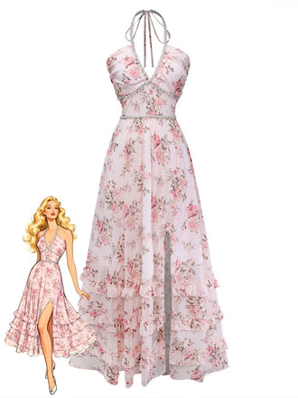 Floral dress with a model on a white background