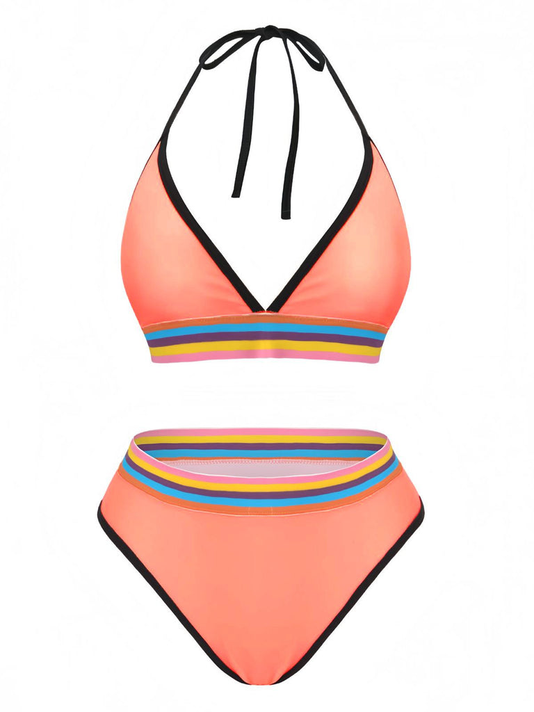 Two-piece swimsuit with colorful striped design on a white background