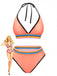 Two-piece swimsuit with colorful striped design on a white background