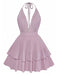 Mauve halter neck dress with ruffled layers on a white background