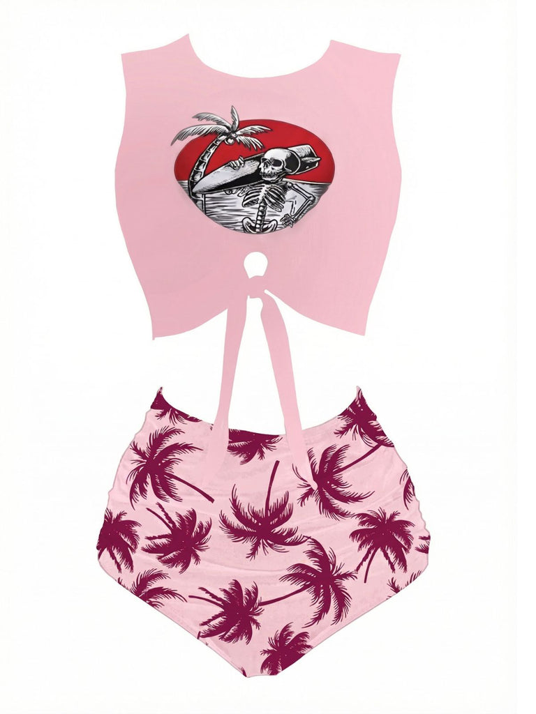 Pink swimsuit with palm tree pattern and skull design on a white background