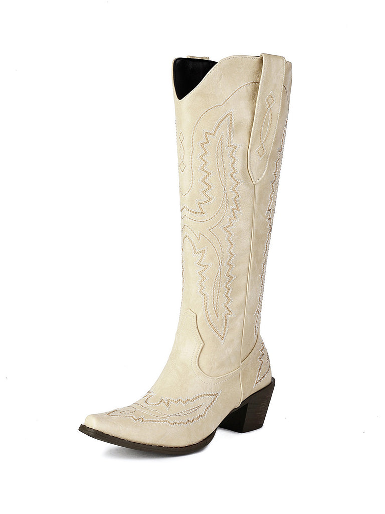 Pointed Embroidered Cowboy Knee-High Boots — vinta