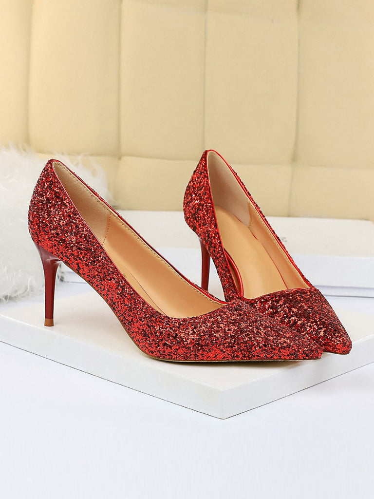 This Pointed Toe Sequins Glitter High Heels Shoes whispers vintage secrets to those who notice
