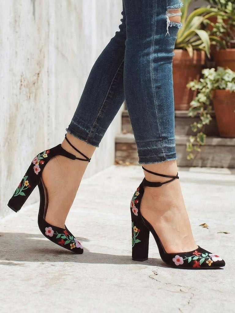 Pointed-Toe Embroidered Suede Chunky Heel Shoes - vintage shoes, retro heels, elegant red