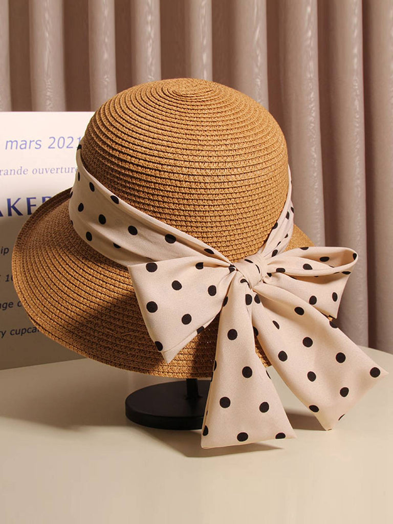 Polka Dot Ribbon Bow Tie Straw Hat — the vintage finishing touch that makes her outfit sing