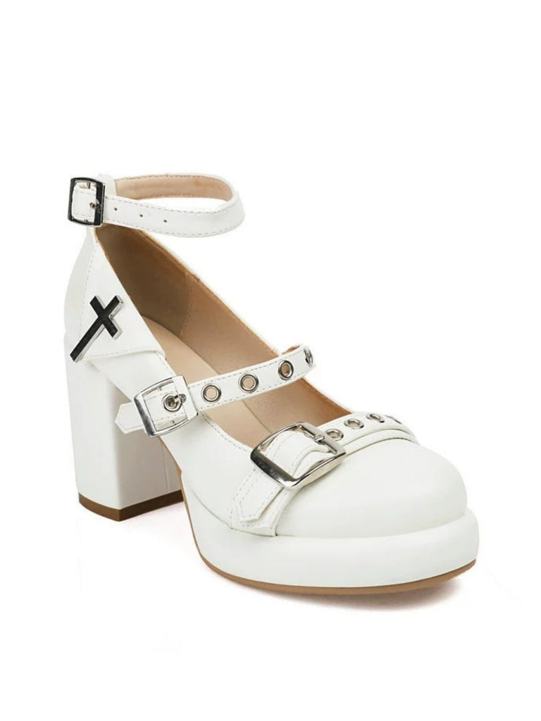 Punk Cross Buckle Ankle Strap Chunky High Heels - vintage shoes, retro heels
