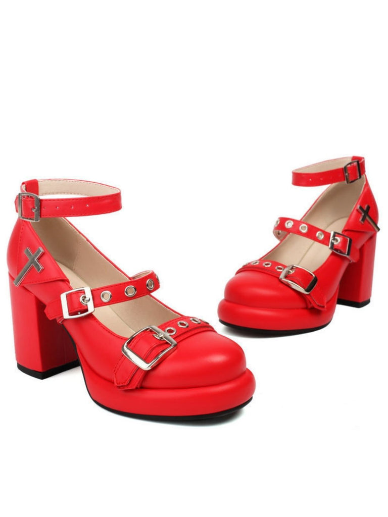Punk Cross Buckle Ankle Strap Chunky High Heels - vintage shoes, retro heels