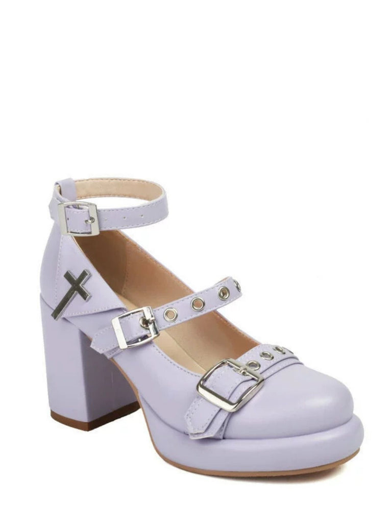 Punk Cross Buckle Ankle Strap Chunky High Heels - vintage shoes, retro heels