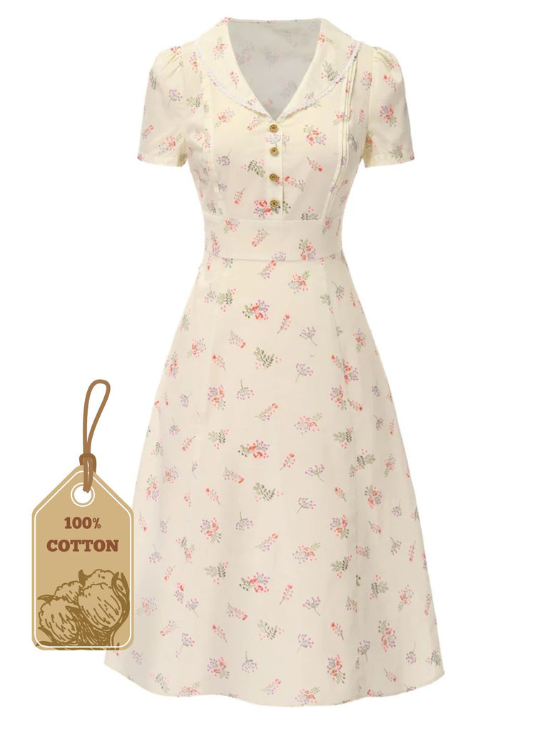 She slips into this Pure Cotton 1940s Puff Sleeves Floral Dress and suddenly it's a 1940s daydream