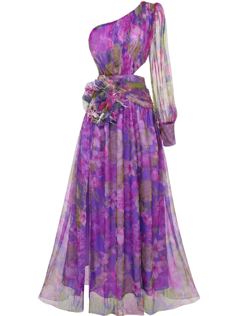 Purple 1930s Mesh One-Shoulder 3D Floral Evening Dress, vintage dress, retro fashion, floral print - perfect for women who love vintage and retro fashion