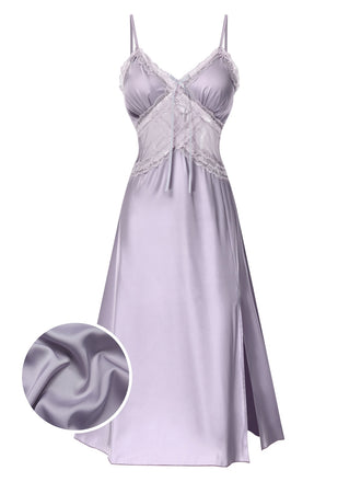 She slips into this Purple 1930s Straps Lace Patchwork Satin Nightgown and suddenly it's a 1930s daydream