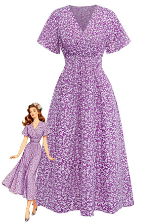 Purple-1940s-Ditsy-Floral-Short-Sleeves-Fitted-Midi-Dress, vintage, retro, dress