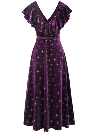 Purple 1940s Velvet V-Neck Star Ruffle Dress - vintage dress, retro fashion