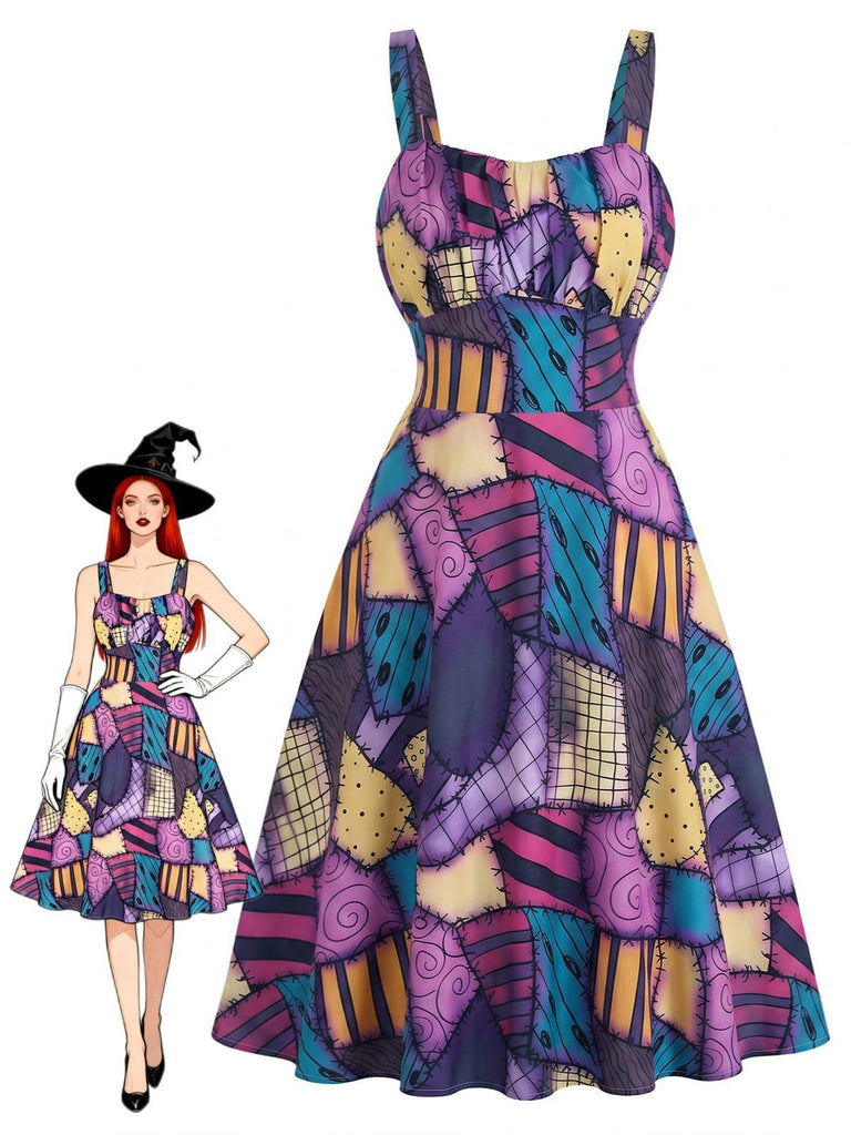 Purple 1950s Patchwork Gothic Halloween A-Line Dress, vintage dress, retro fashion, rockabilly, pin-up fashion - vintage inspired fashion