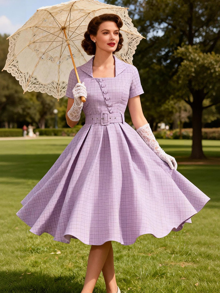 Purple 1950s Plaid Square Neck Button Swing Dress - vintage dress, retro fashion, rockabilly